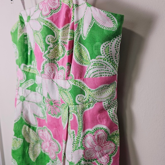 Lilly Pulitzer Strapless Dress Pink Green Floral Print Cotton Pleated Front‎ 4 - Picture 4 of 9